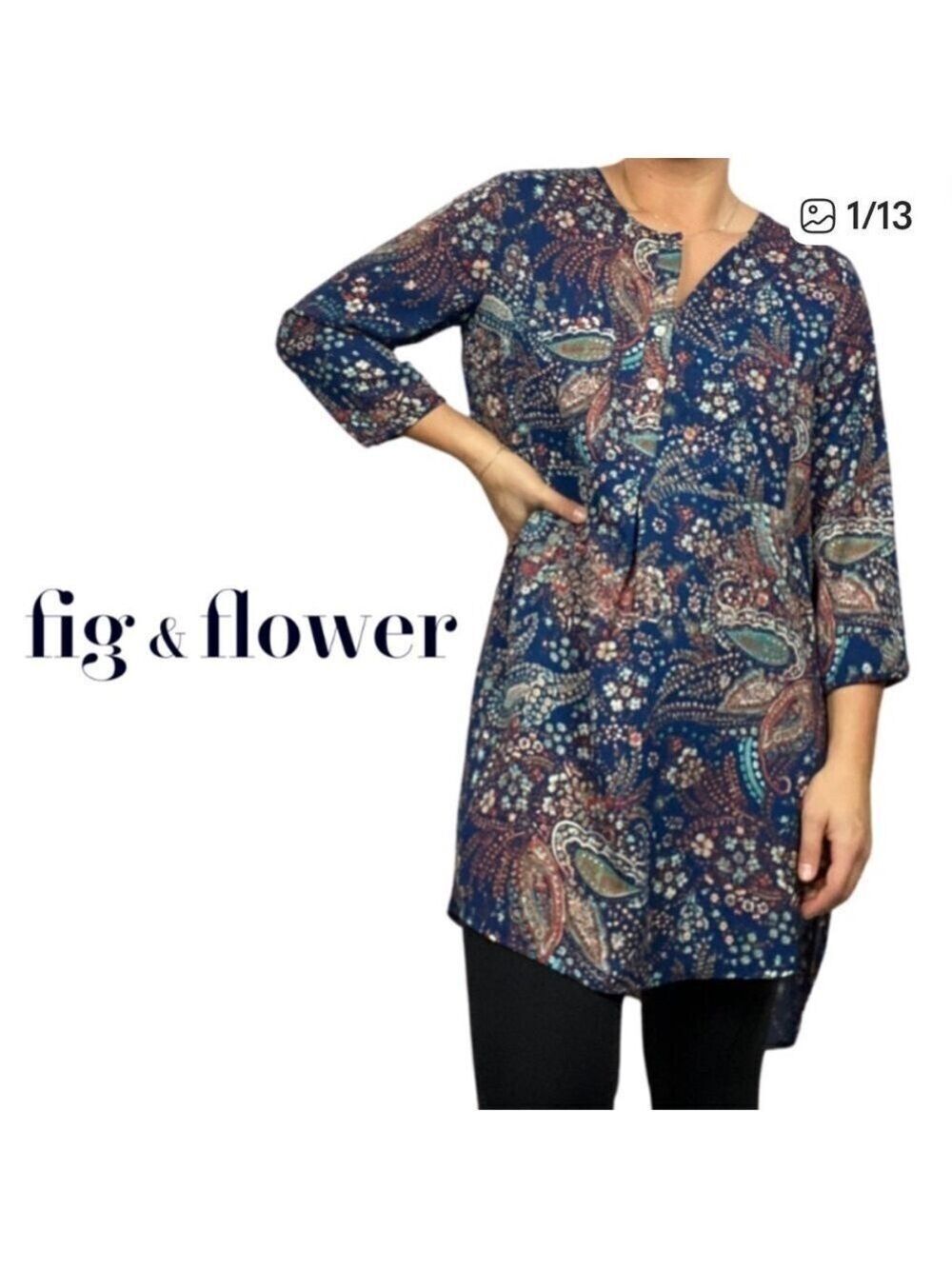 FIG AND FLOWER Navy Paisley Floral Tunic Blouse Anthropologie Top Size Small